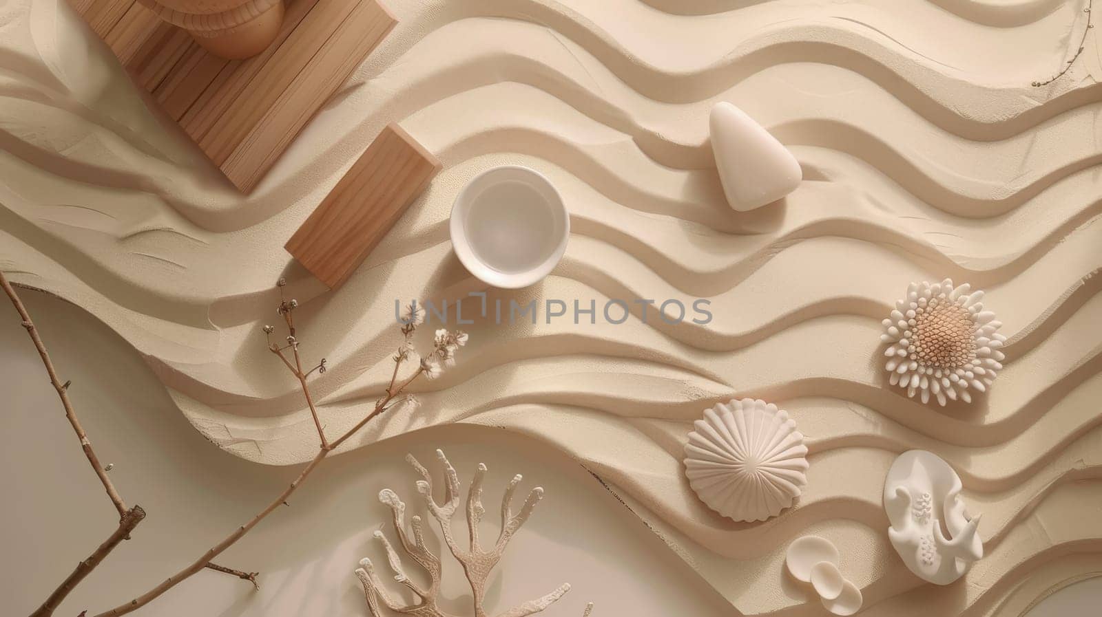 Balanced composition of spa and relaxation essentials in a wave-like layout pattern
