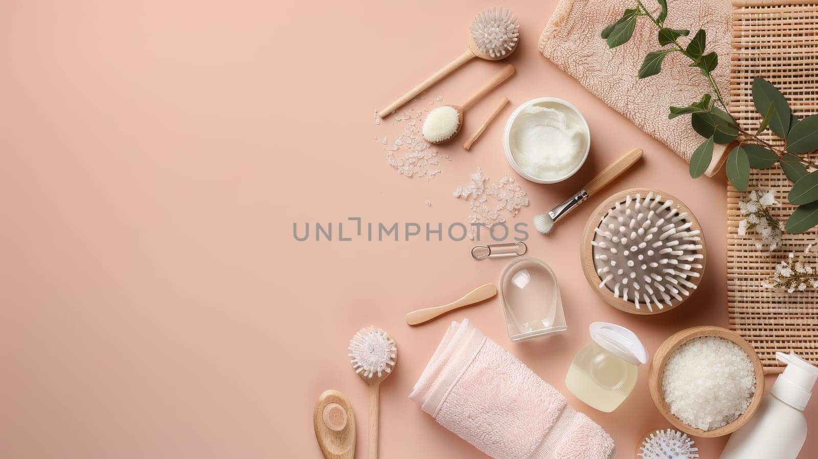 Balanced layout of beauty and wellness items with designated copy space