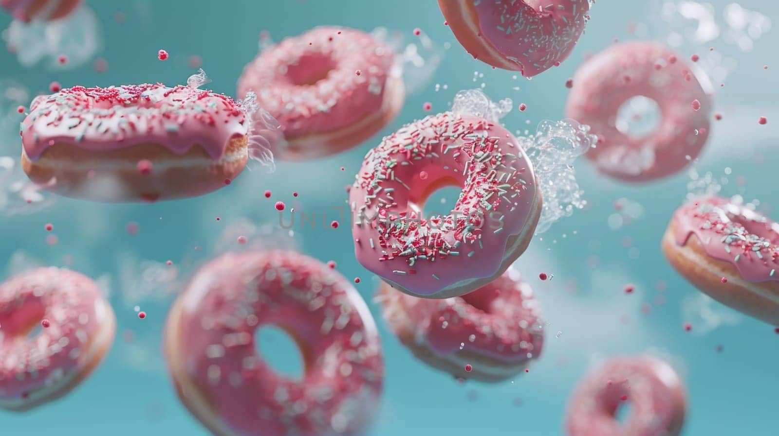 Aerial view of floating donuts arranged artistically