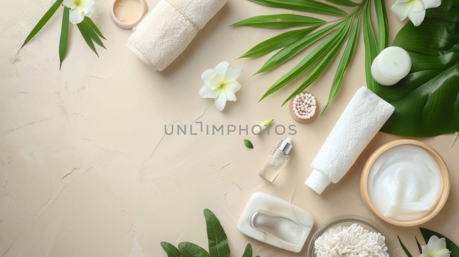 A table with various beauty products and a few flowers. The table is set up for a spa day