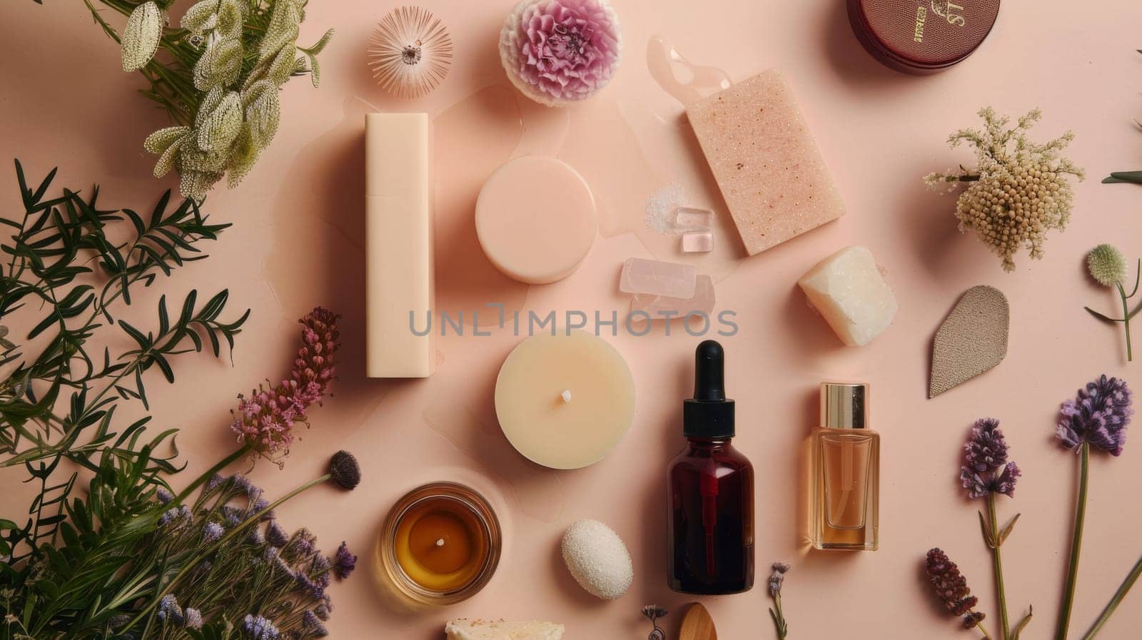 A table with many different items on it, including candles, lotions, and flowers. Beauty and wellness concept
