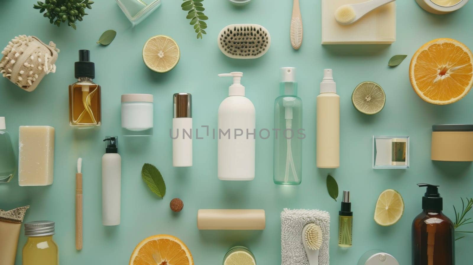 Beauty and wellness essentials organized in a symmetrical grid layout pattern for unity
