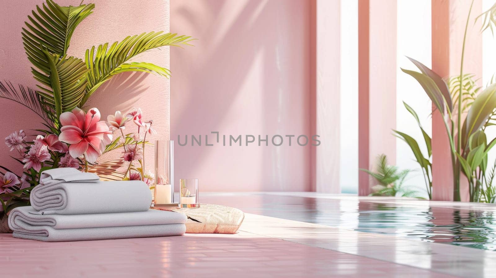 A pink room with a white towel on the floor and a vase of flowers