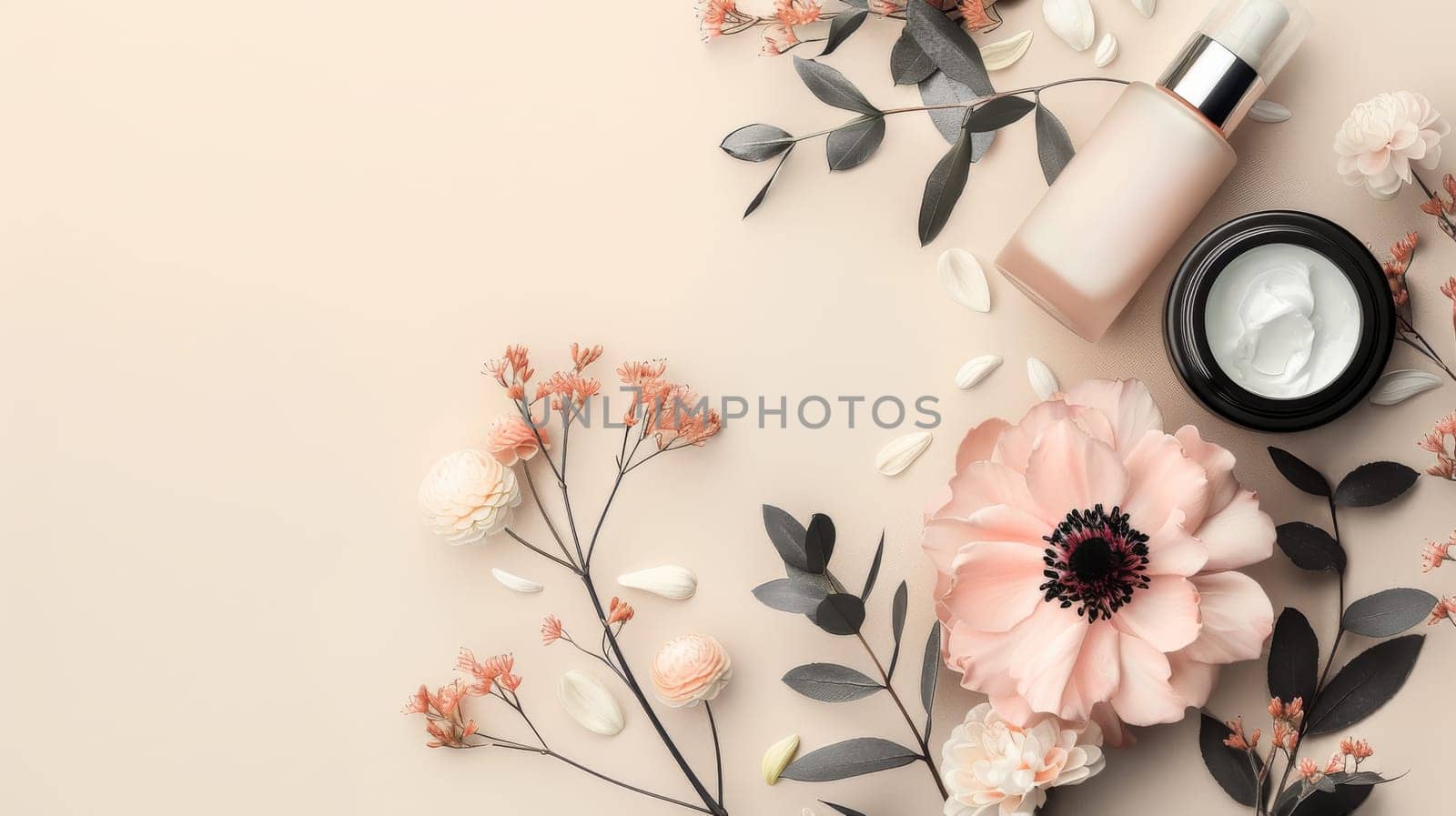 A floral arrangement with a bottle of lotion and a jar of cream