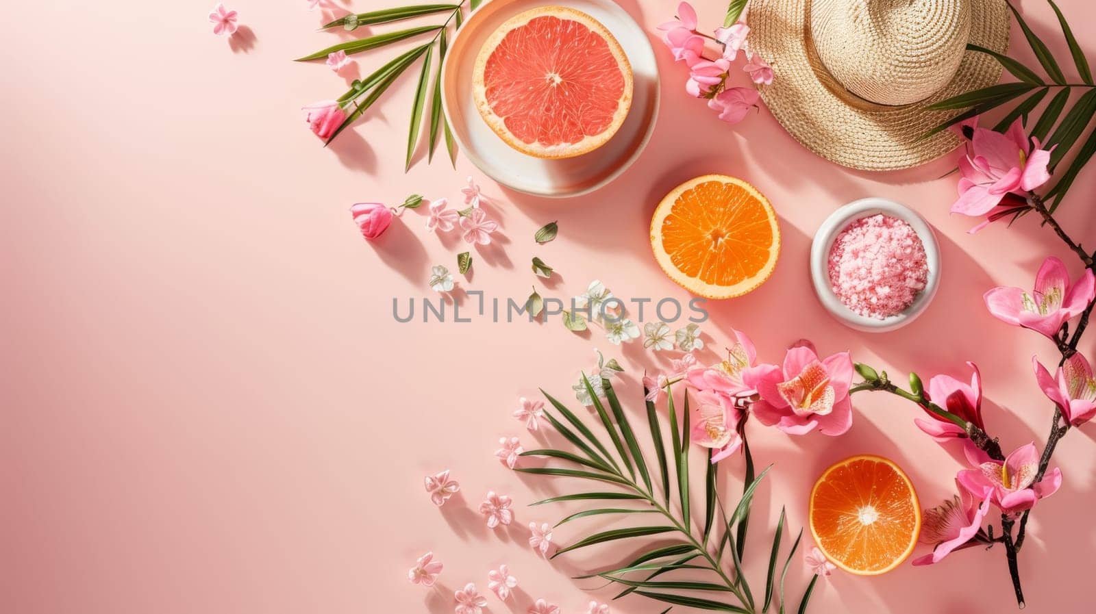 A table with a white plate of oranges and a pink hat. The oranges are cut in half and arranged on the plate. The table is surrounded by pink flowers and leaves, creating a colorful