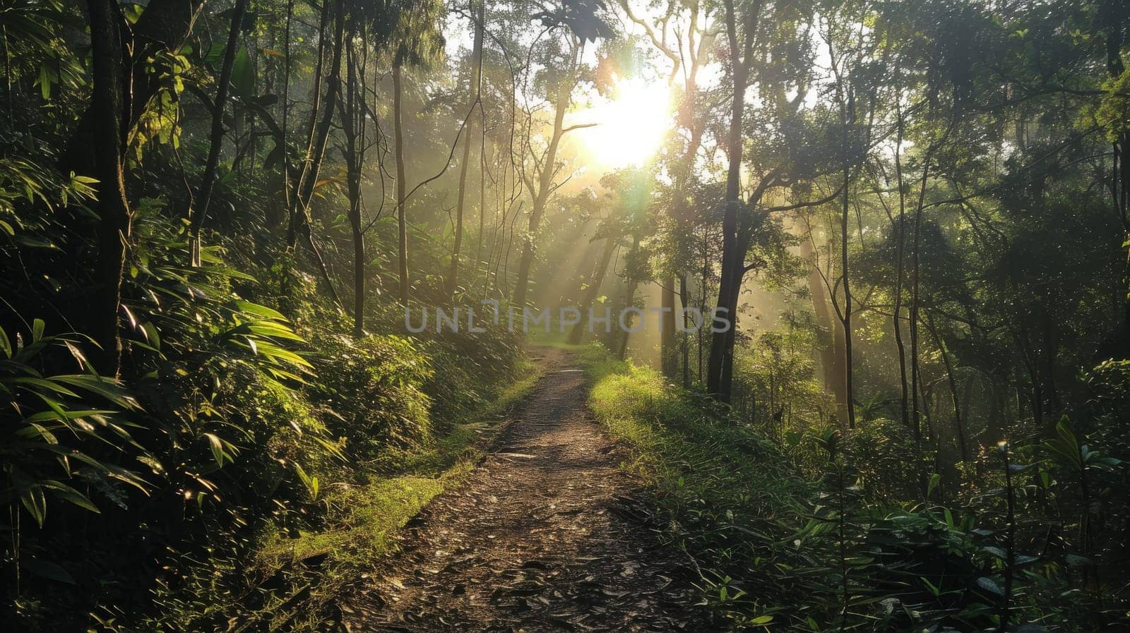 A forest path with sunlight shining through the trees. The path is surrounded by trees and bushes