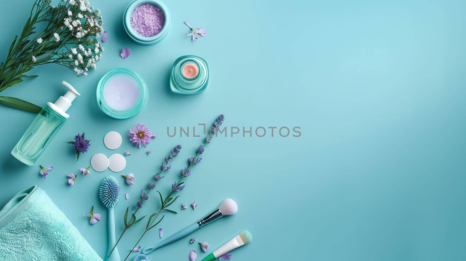 Balanced layout of beauty and wellness items featuring unobtrusive copy area