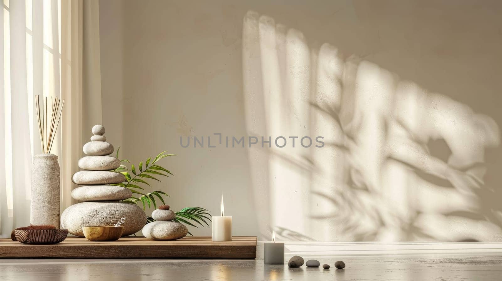Balanced composition of spa and relaxation elements with unobtrusive copy area