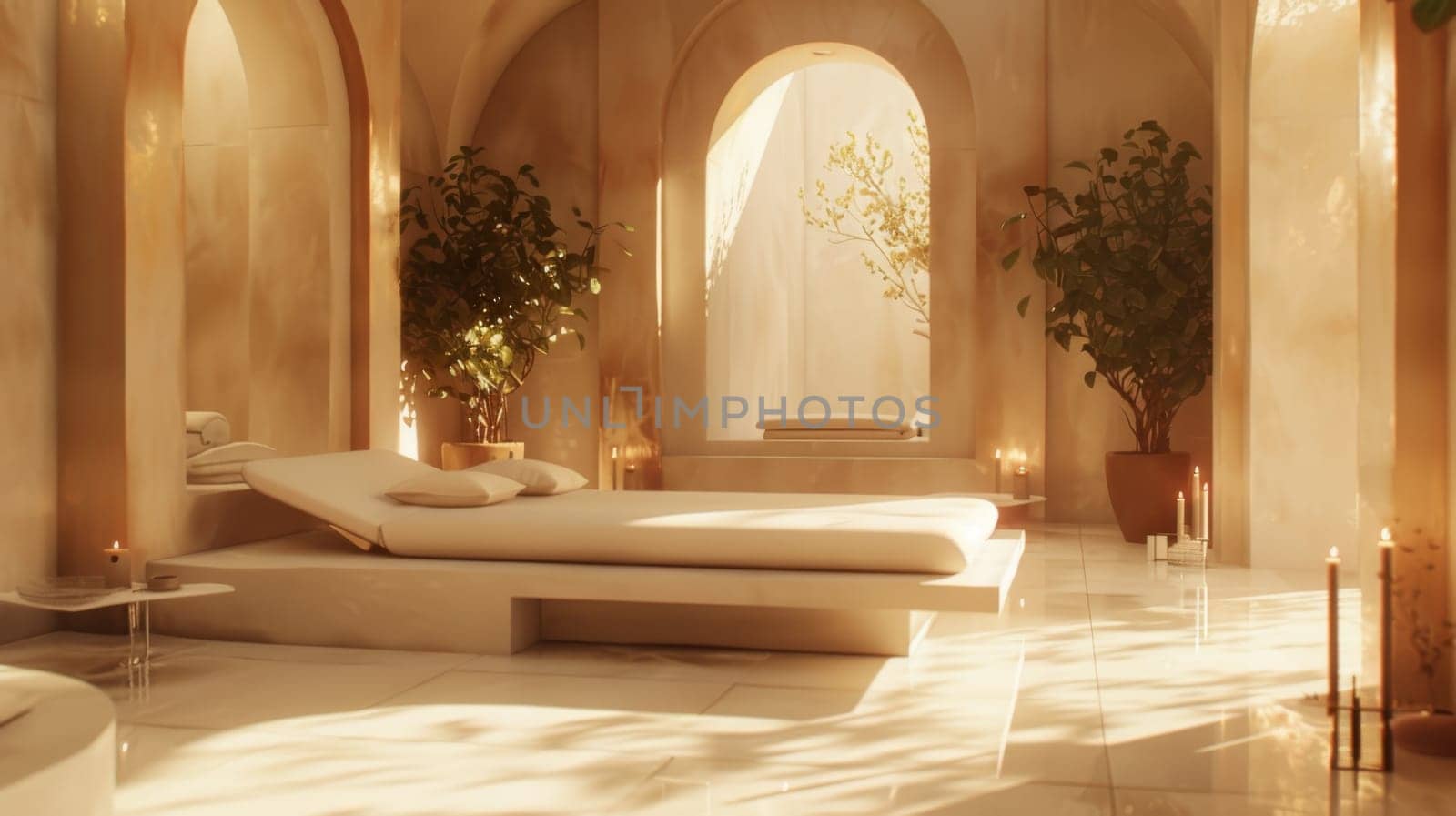 A white room with a bed and a few potted plants. The room is very clean and well-lit, giving it a calm and peaceful atmosphere