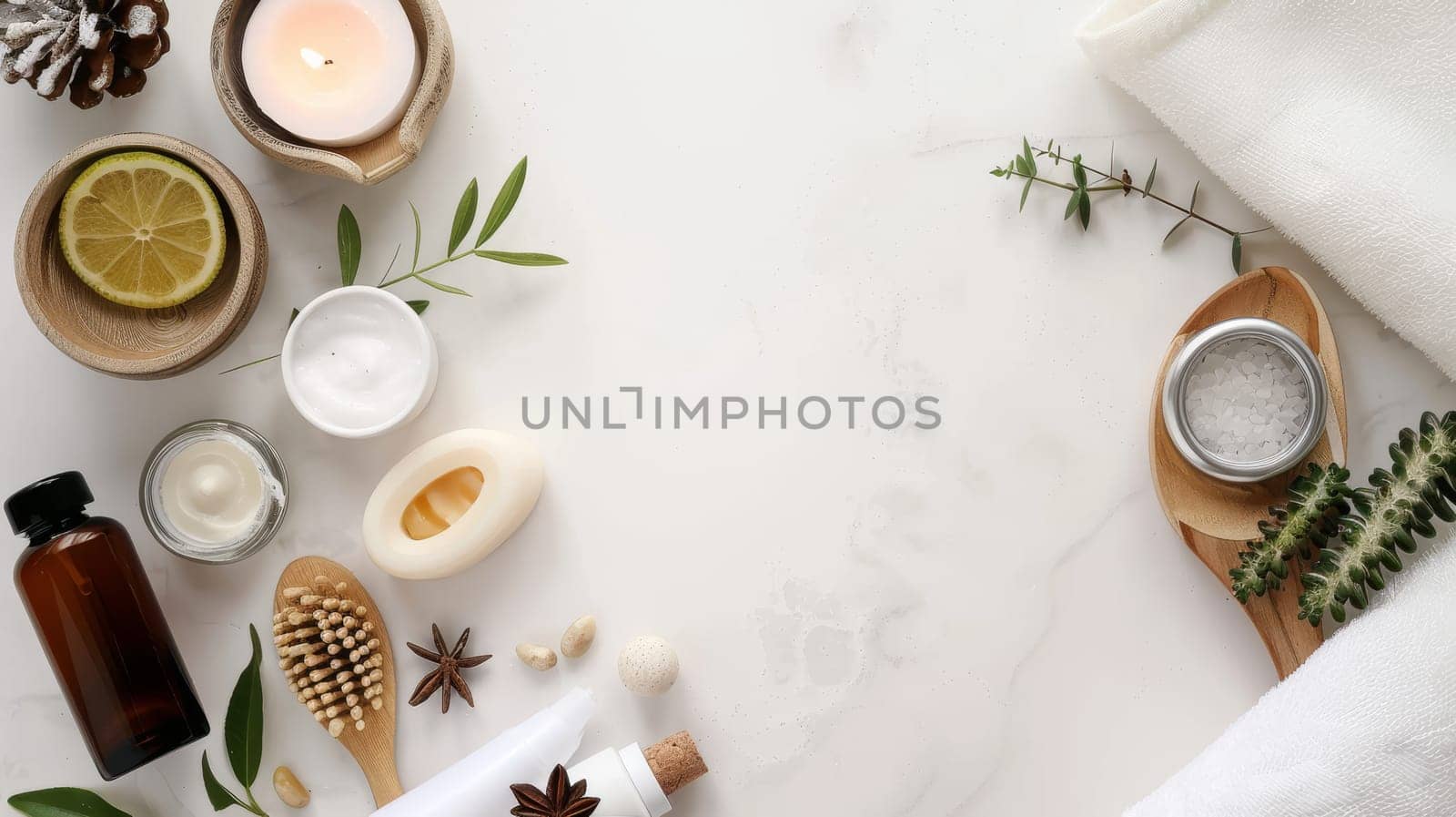 A white background with a variety of beauty products and a spoon. The products include a bottle of lotion. Beauty and wellness concept