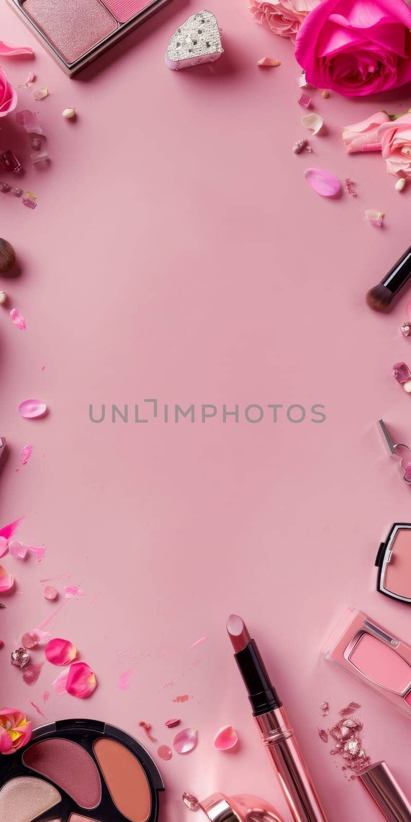 Beauty blog banner with copy space and makeup products.