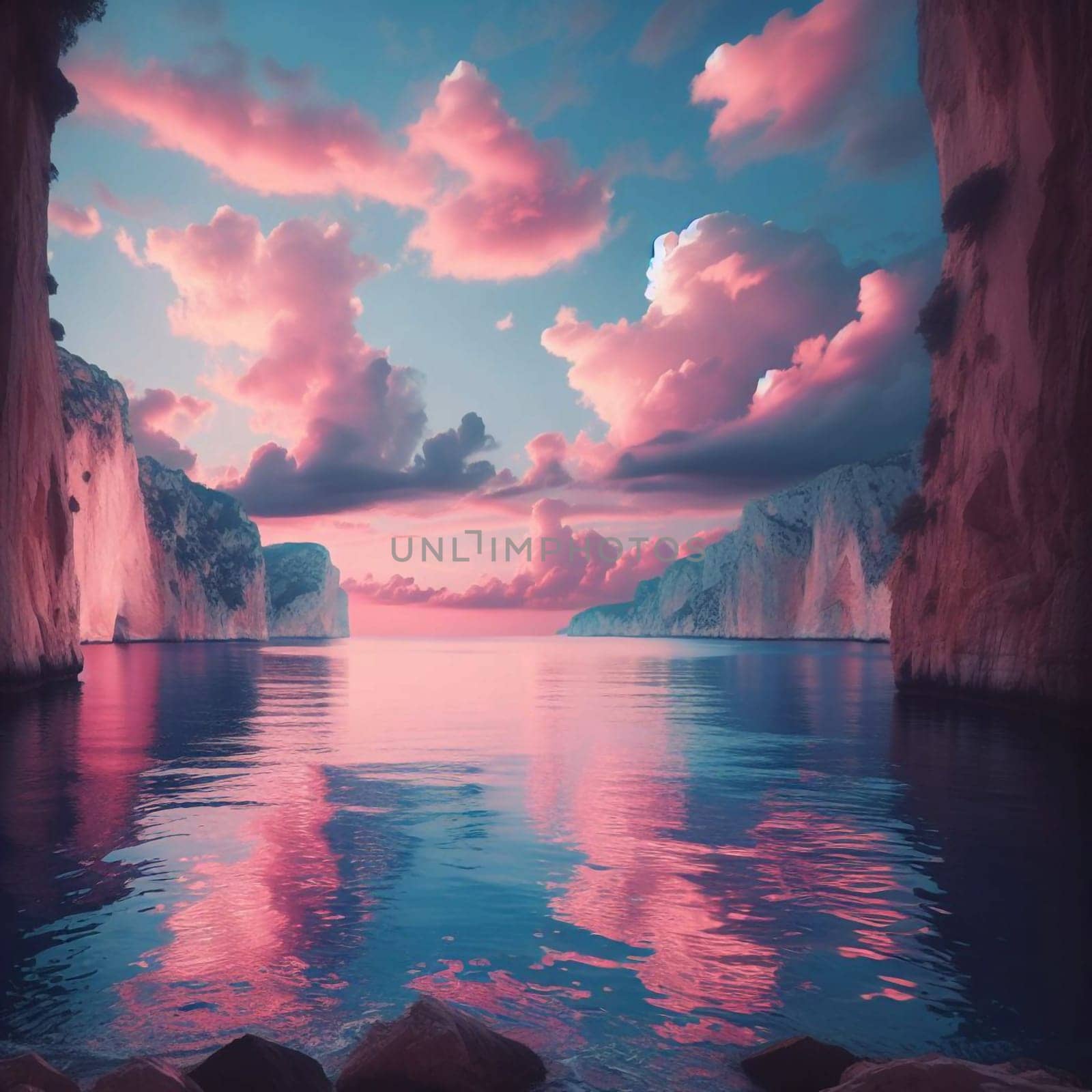 View of a calm sea, with a pink sunset sky reflected on the water. The scene is framed by the cliffs of a rocky island, creating a sense of isolation and tranquility. AI-generated photo.