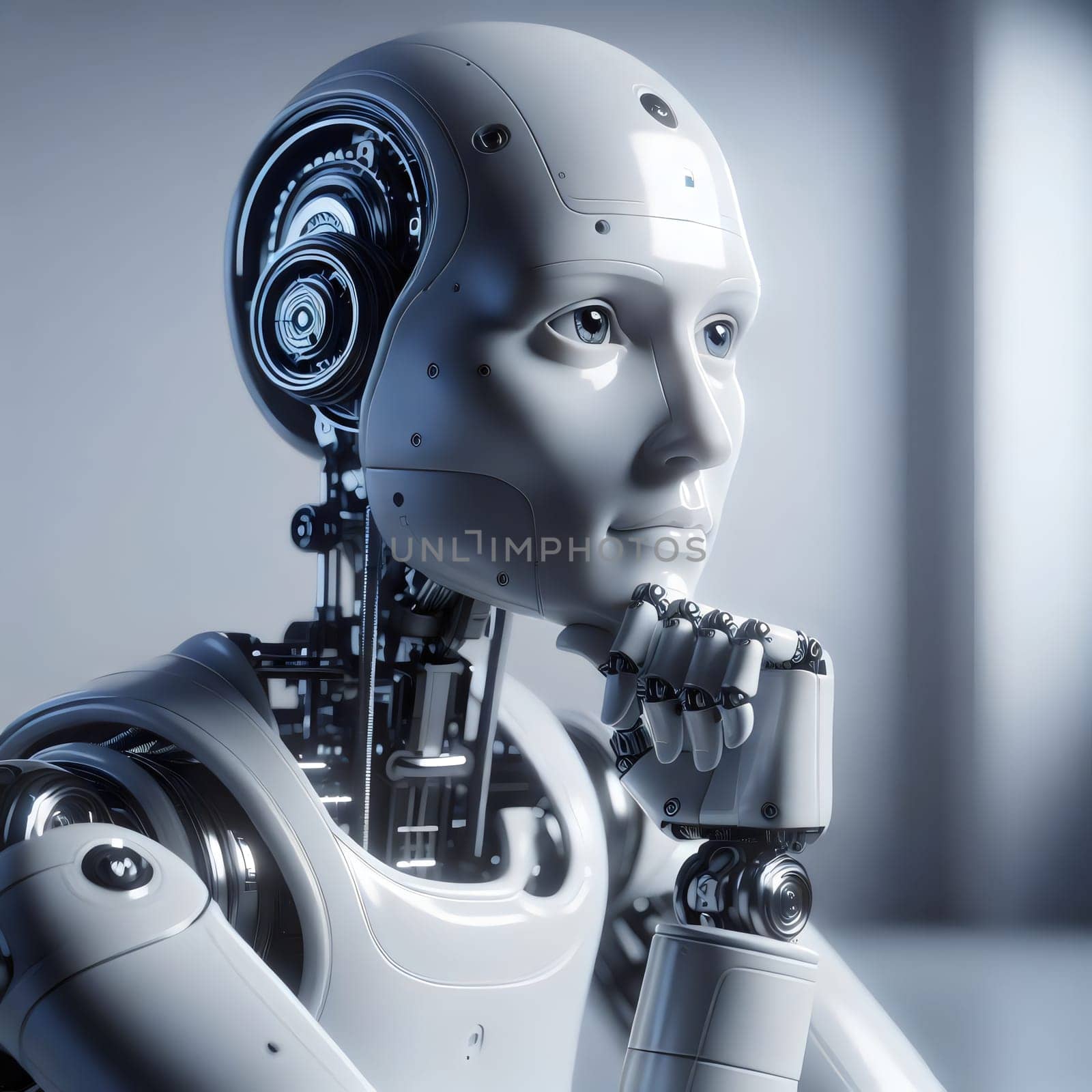 Close-up portrait of a humanoid robot with a thoughtful expression, its hand resting on its chin. The robot is rendered in a realistic style with visible mechanical parts. AI-generated photo.