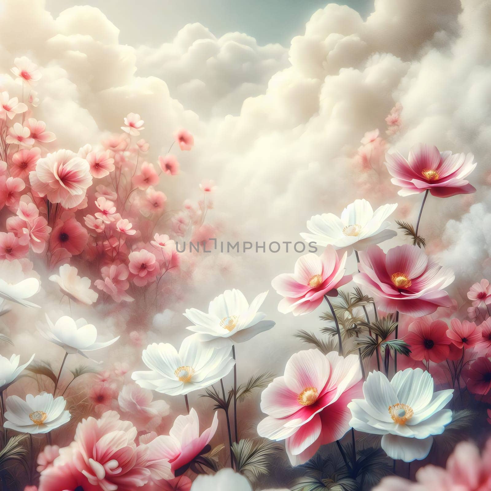 A field of pink and white cosmos flowers with a soft, dreamy quality. The flowers are surrounded by clouds and bathed in soft light. AI-generated photo.