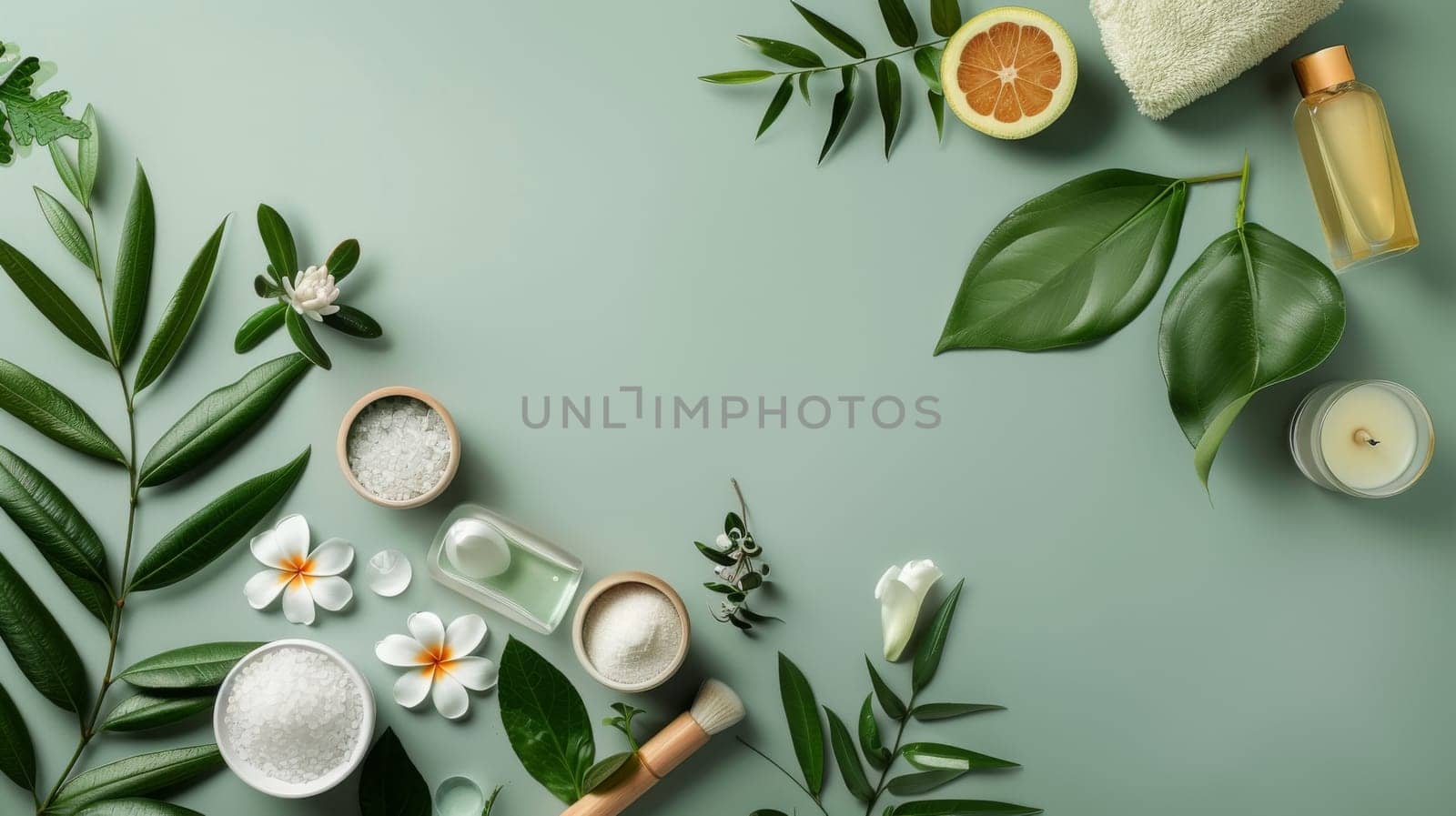 A green background with a variety of natural items. Beauty and wellness concept