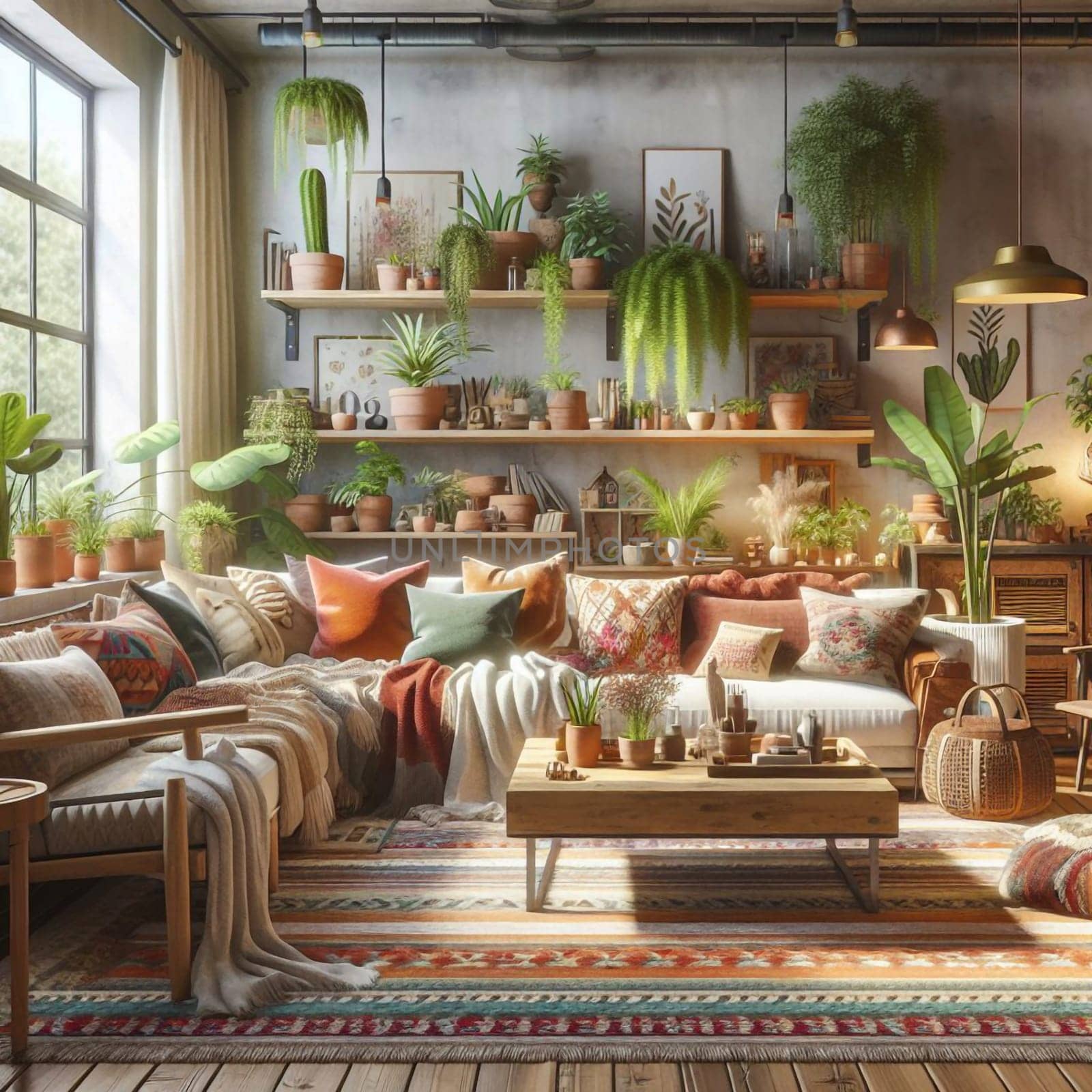 A cozy living room with a bohemian style. The room features a sofa with colorful pillows, a wooden coffee table, and a variety of plants on shelves. AI-generated photo.
