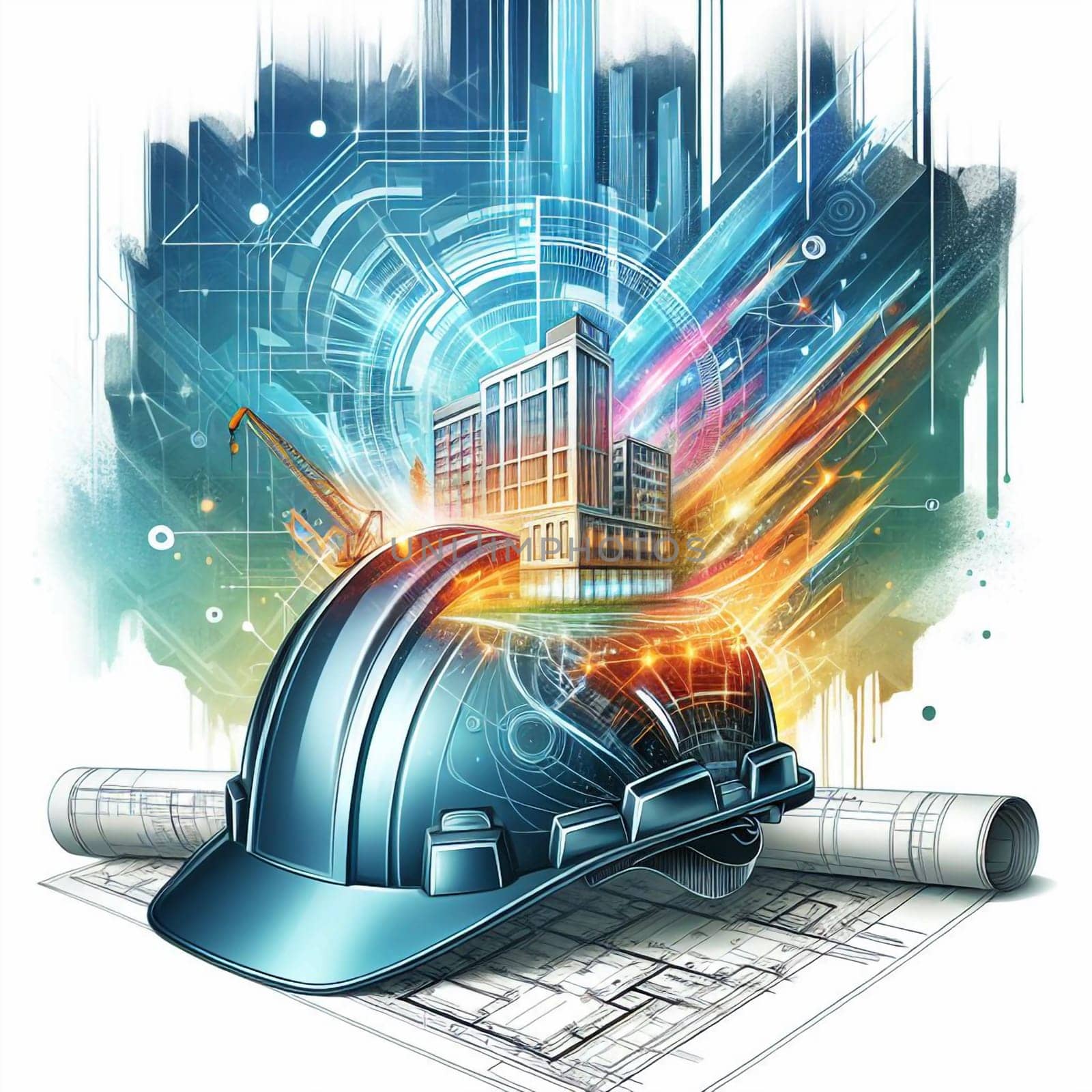 Illustration of a hard hat with a glowing city inside it, surrounded by technological elements. The image represents the future of construction and smart cities. AI-generated photo.
