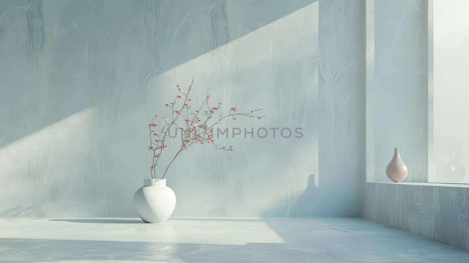 A white vase with a flower in it sits on a table in a room with a window. The room is very clean and empty