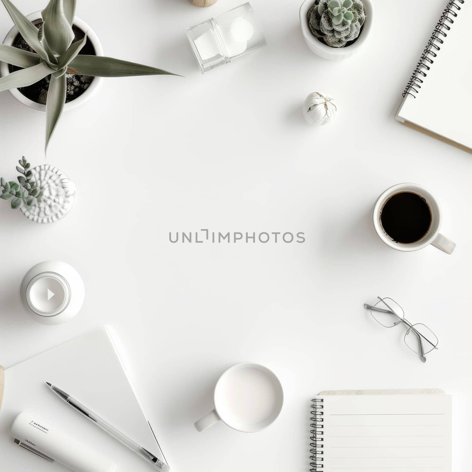 Clean and organized mockup arrangement with a pristine white backdrop.