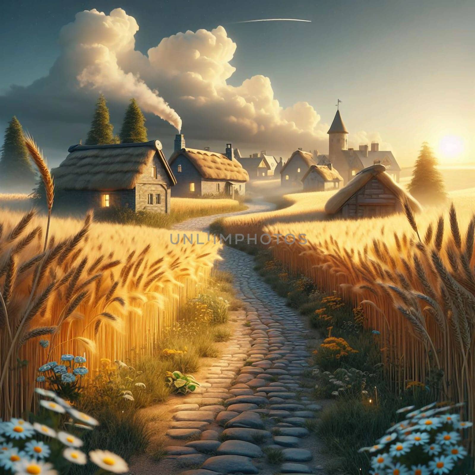 A quaint, fairytale village nestled in a field of golden wheat. The scene is bathed in the warm light of the setting sun. AI-generated photo.