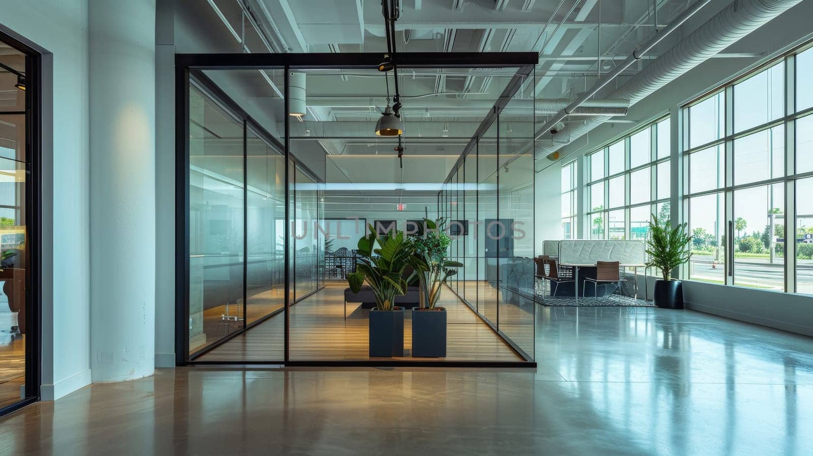 A large open office space with a glass wall and a potted plant in the middle. The space is bright and airy, with a modern design