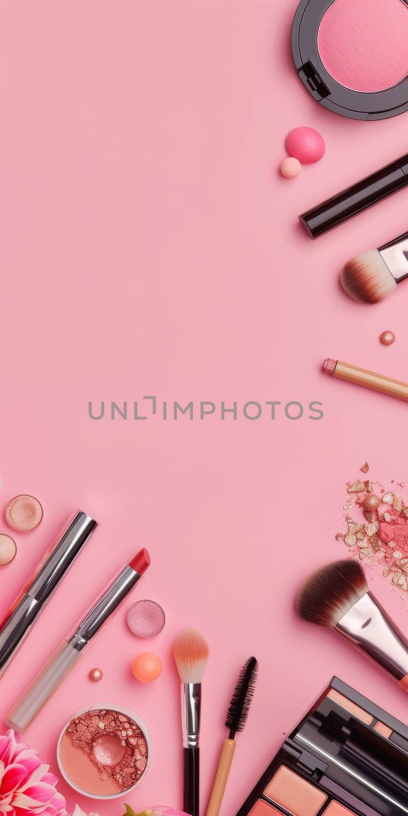 Copy space featuring trendy makeup products for beauty concept.