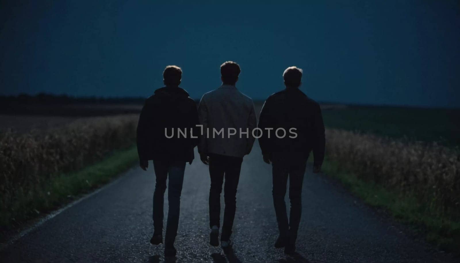 Three teenagers stroll along a deserted road under the night sky, holding hands and enjoying each other's company amidst the quietness of the evening. An eerie feeling. Night journey. Generative AI.