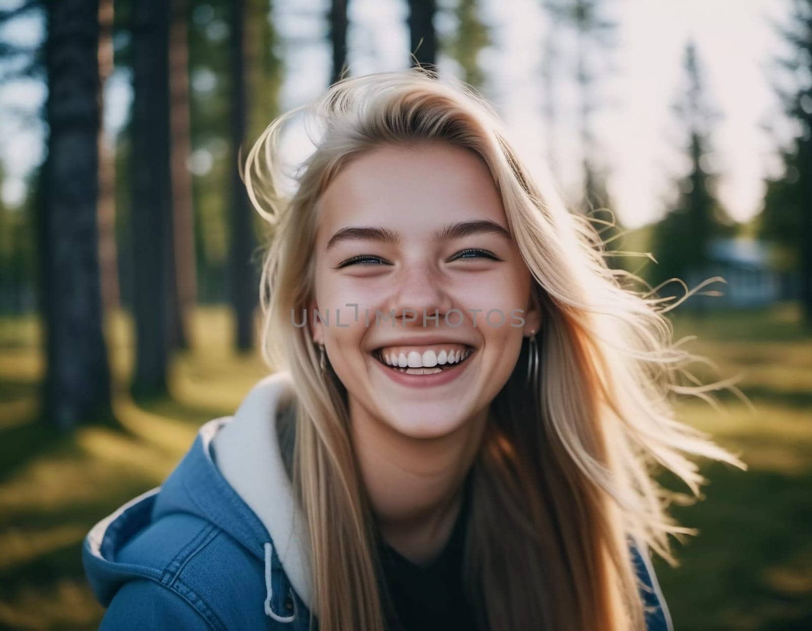 A cheerful Finnish girl with long hair and a bright smile stands in a lush green forest, radiating pure joy as sunlight filters through the trees. Scandinavian Caucasian European face type. AI.