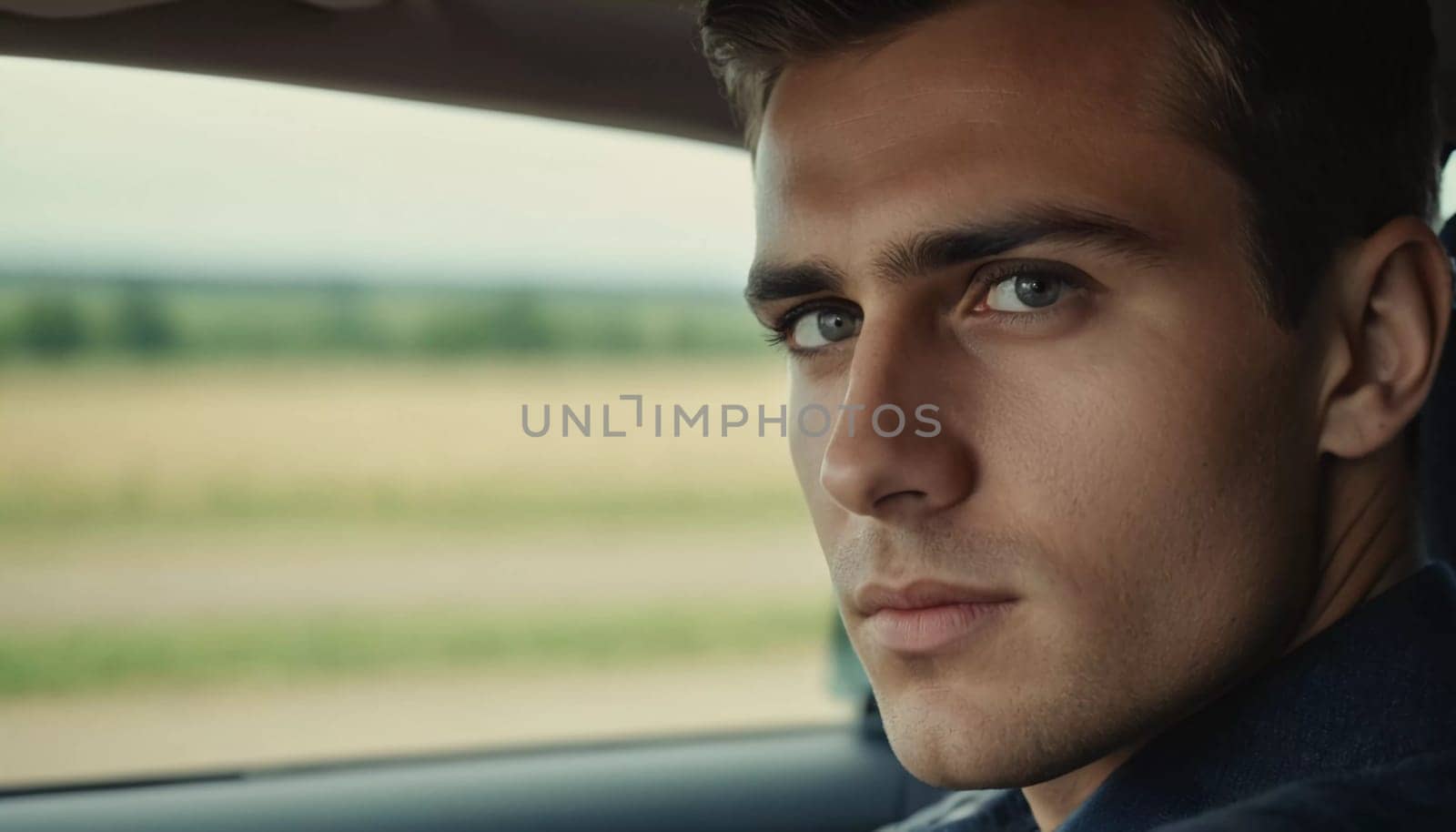 A young man sits in the driver's seat, gazing out the window at the expansive field under the fading twilight sky, lost in thought during his journey. Generative AI.