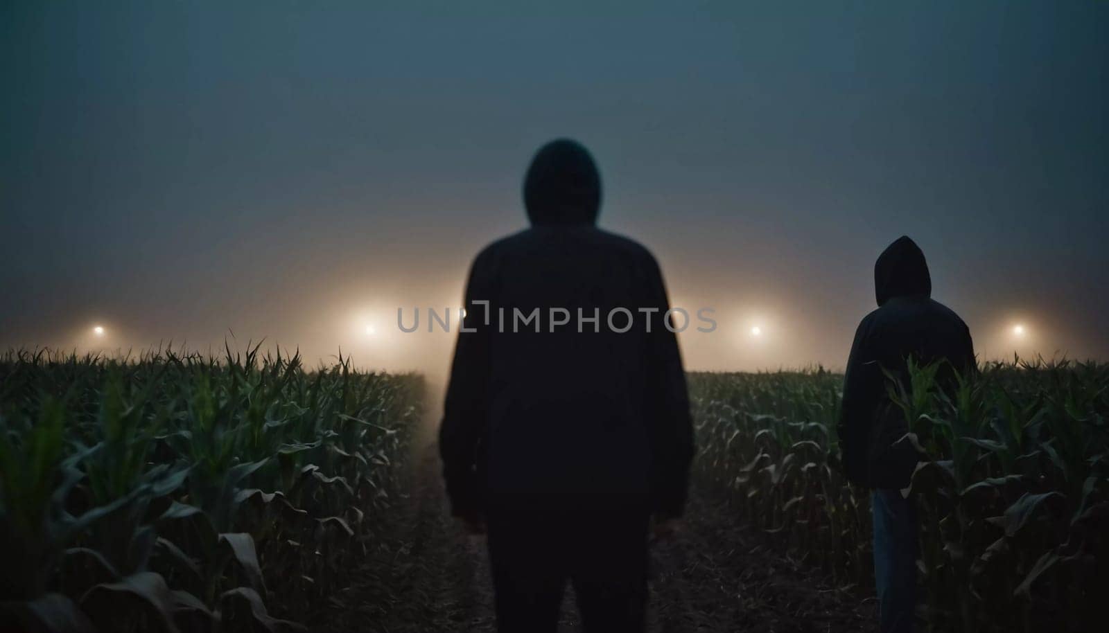 A mysterious figure looms in a cornfield, surrounded by darkness and distant lights. The fog enhances the ominous feel of this twilight setting, offering an unsettling ambiance. Generative AI.