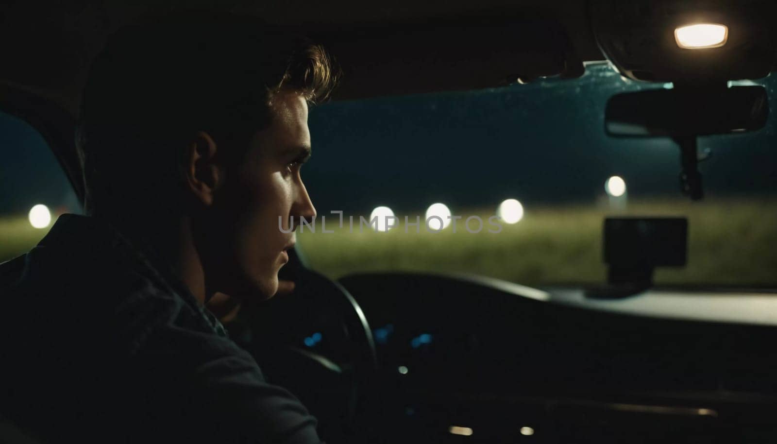 A young man drives a car along a dark field road at night. He glances back at the camera, illuminated by headlights from an approaching vehicle in the distance. Night car ride. Generative AI.