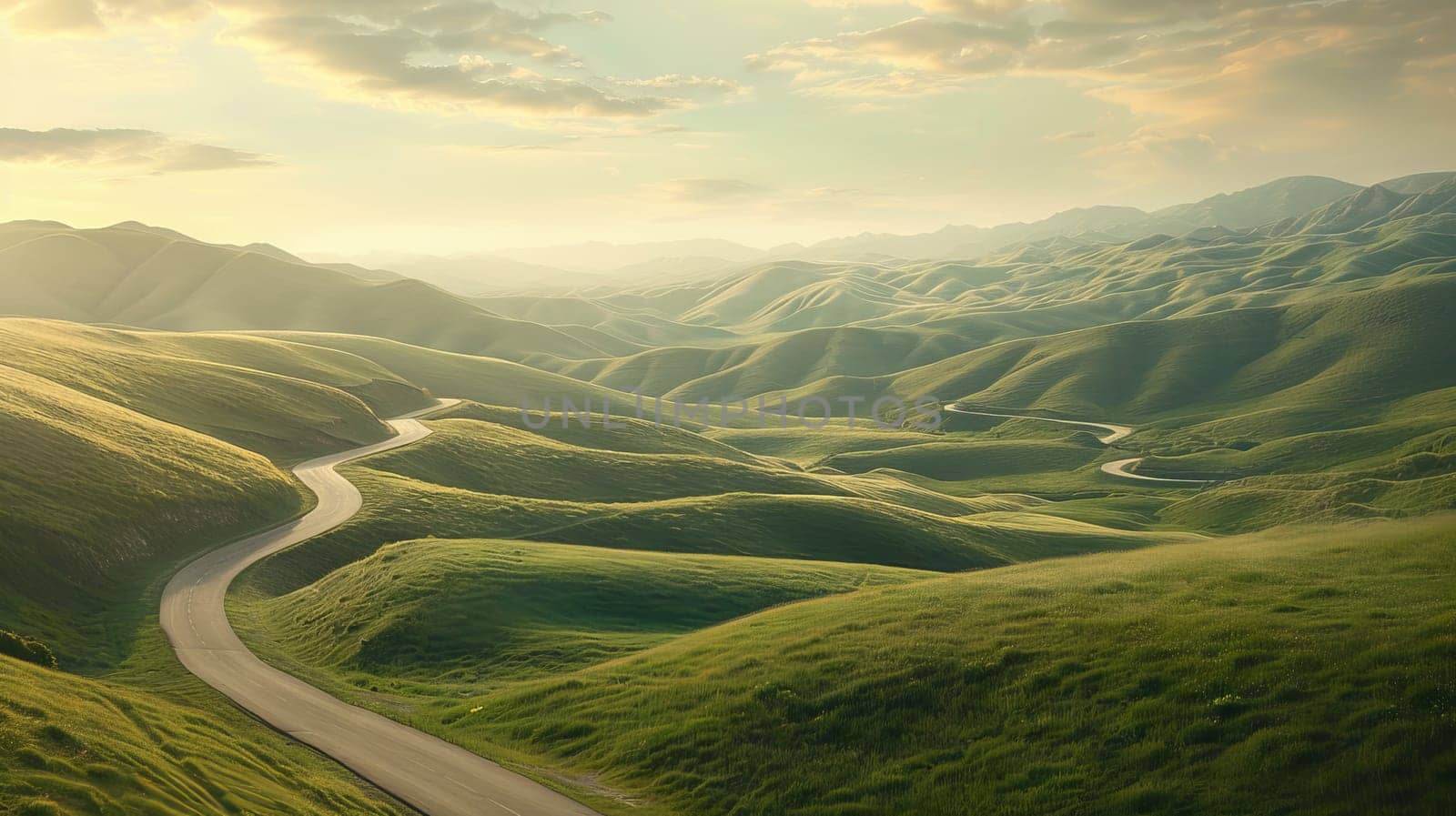 A winding road cuts through a lush green valley. The road is surrounded by hills and trees, creating a peaceful and serene atmosphere