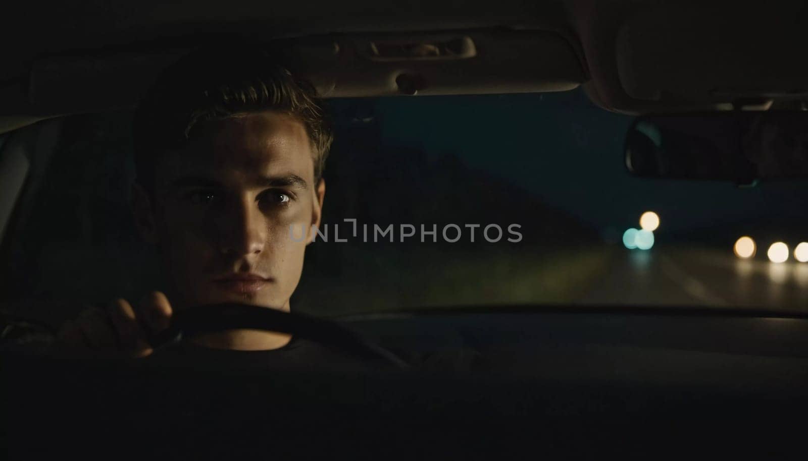 A young man drives a car along a dark field road at night. He glances back at the camera, illuminated by headlights from an approaching vehicle in the distance. Night car ride. Generative AI.