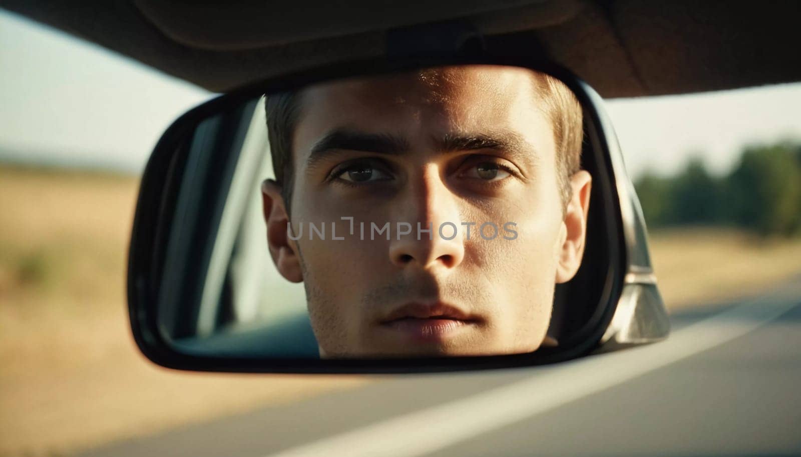 A young driver gazes thoughtfully into the rearview mirror while cruising along a quiet road bordered by fields. The warm light of sunset highlights the serene surroundings. Generative AI.
