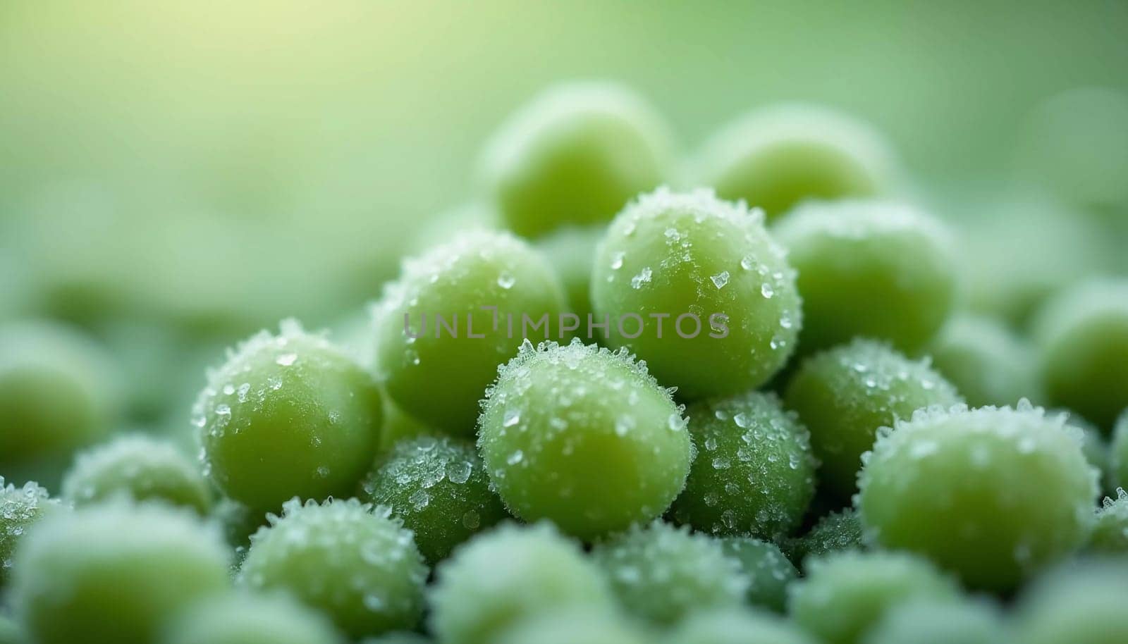 Vibrant green peas, fresh and crisp appearance. Peeled peas. Quick freezing of food products, semi-finished products. Vegetable, grain legume crop. Pea Pisum - genus Lathyrus. Generative AI.