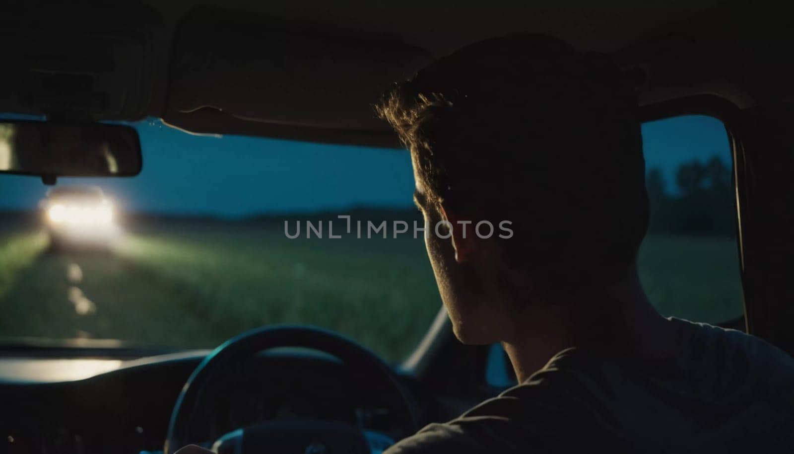A young man drives a car along a dark field road at night. He glances back at the camera, illuminated by headlights from an approaching vehicle in the distance. Night car ride. Generative AI.