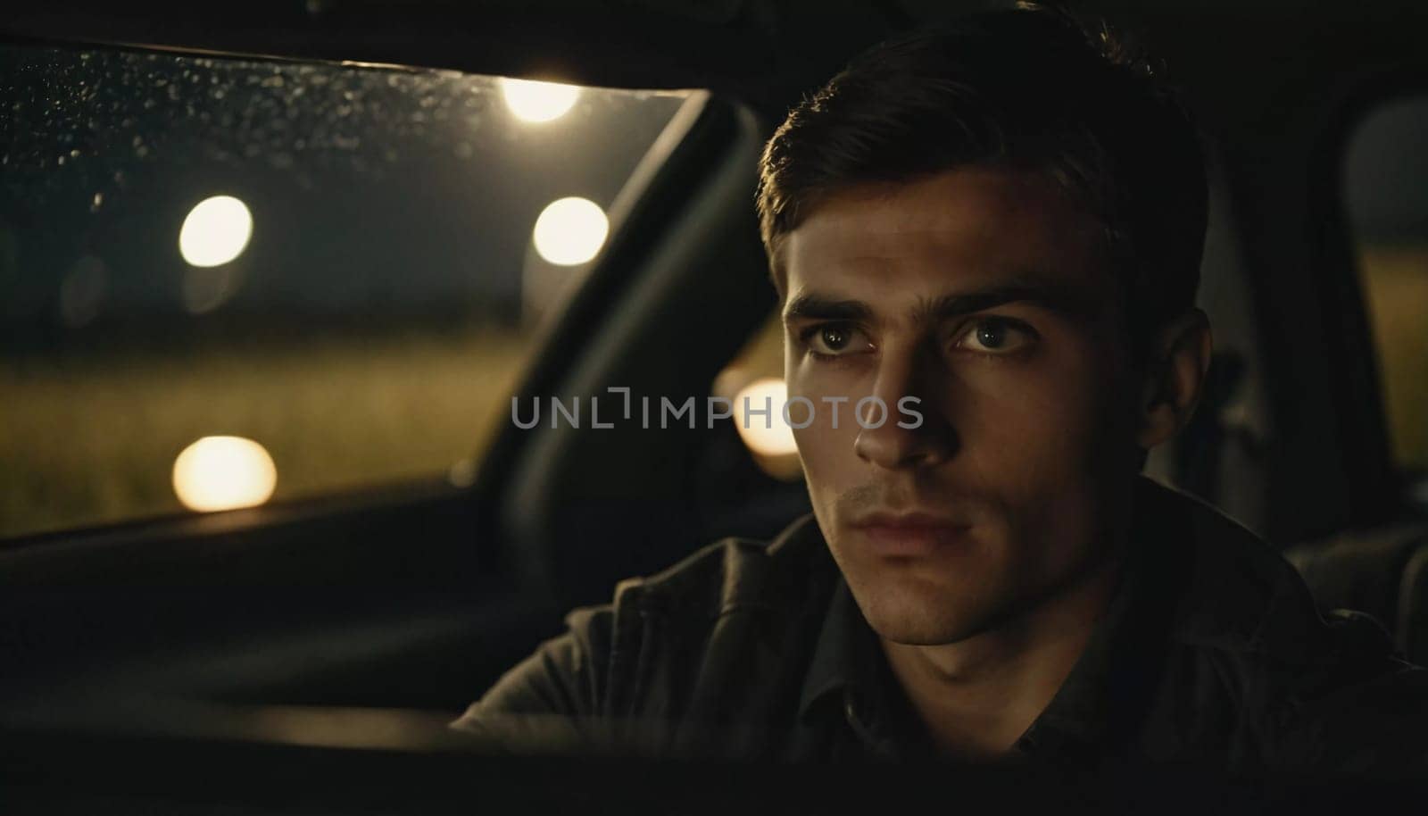 A young man drives a car along a dark field road at night. He glances back at the camera, illuminated by headlights from an approaching vehicle in the distance. Night car ride. Generative AI.