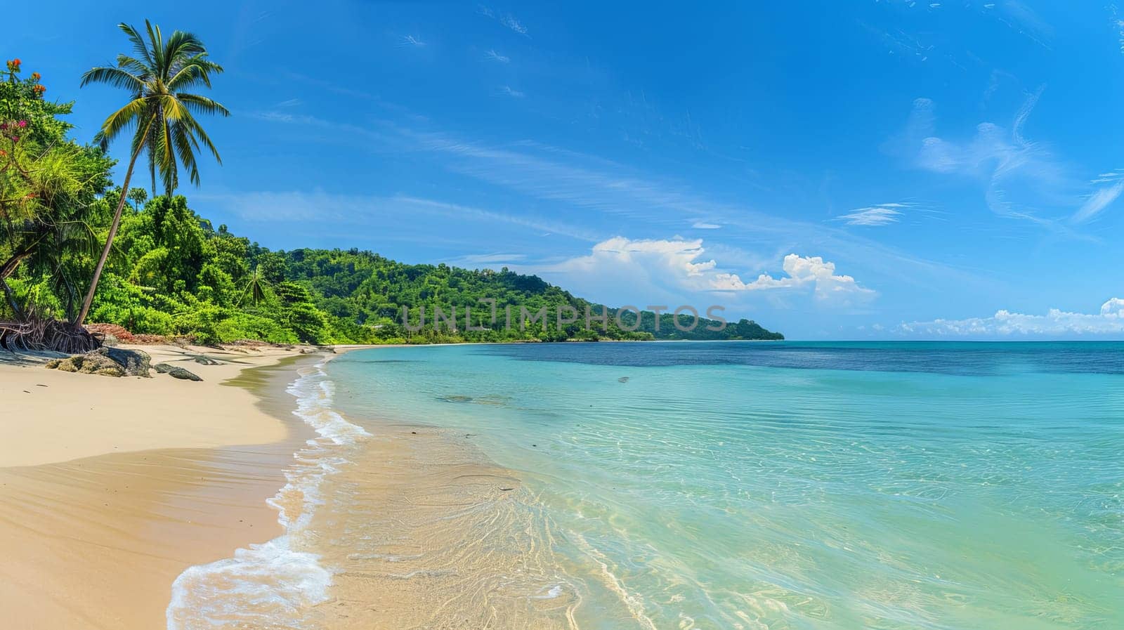 A beautiful beach with a palm tree in the background. The water is calm and clear. The sky is blue and there are no clouds