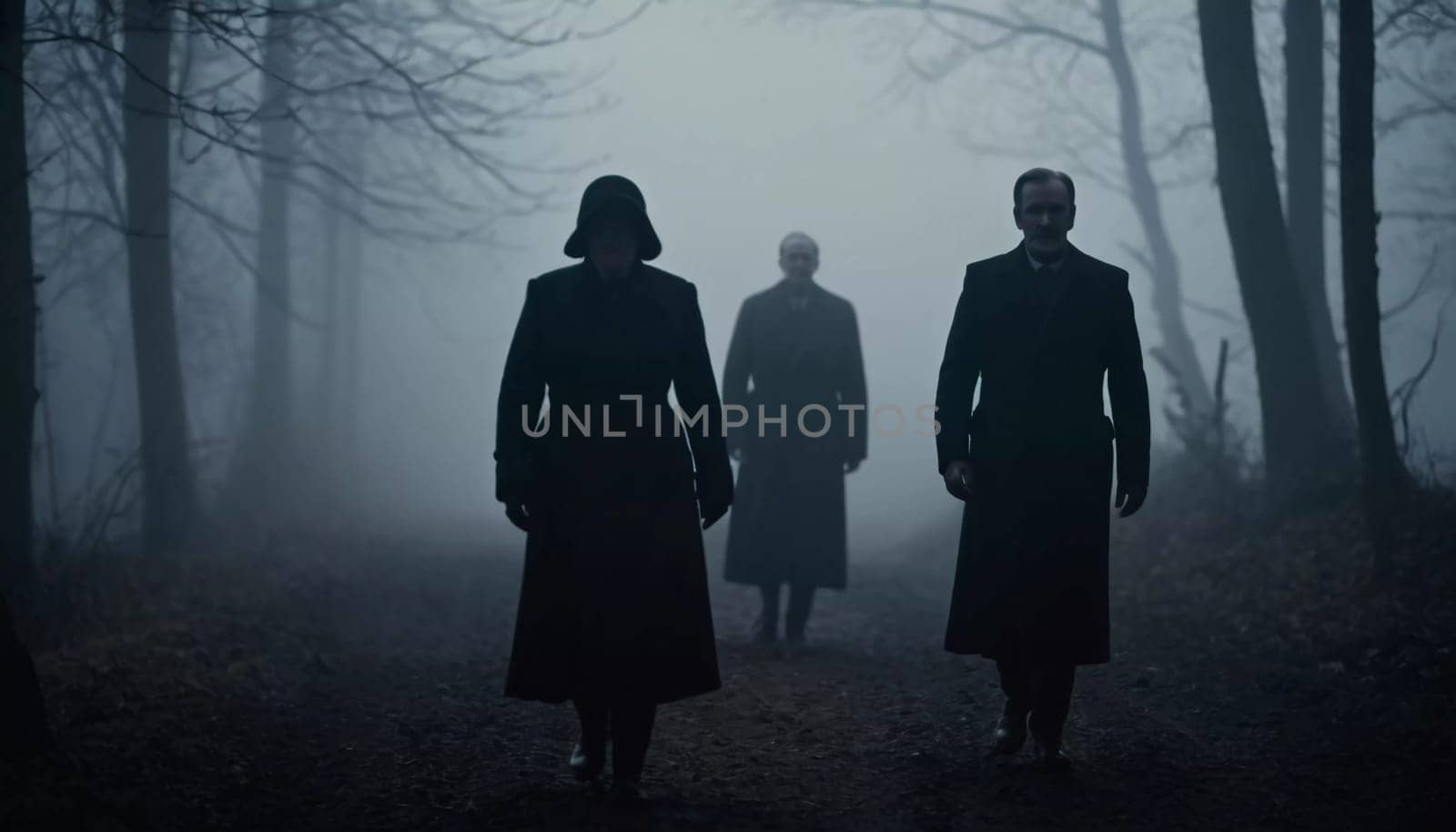 Three figures dressed in dark clothing stroll along a forest path shrouded in mist. Dim light from distant sources enhances the mysterious and atmospheric setting of the night. Generative AI.