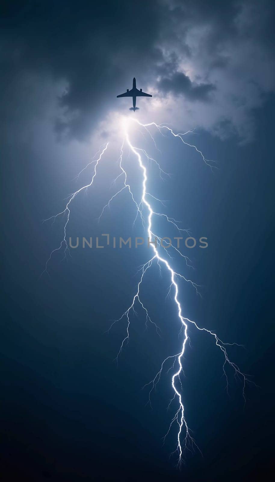 The aircraft encounters a severe thunderstorm, surrounded by dark clouds and illuminated by bright lightning strikes, highlighting the danger in the sky. Causes of air crashes. Generative AI.