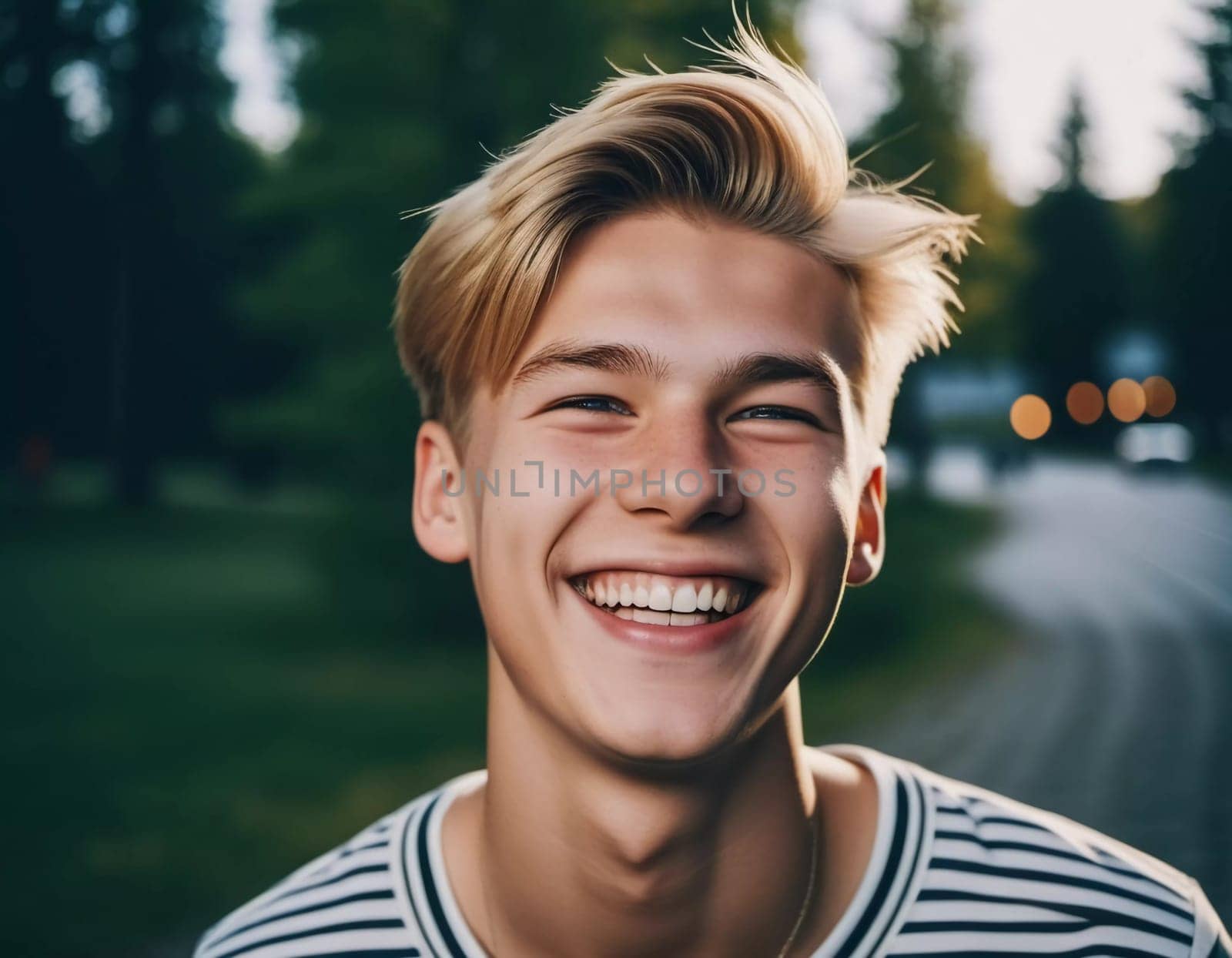 A young Caucasian boy with brown hair and white teeth smiles. He is standing outside, likely during the daytime. His face is illuminated by the warm glow of the sun, making his smile even more radiant
