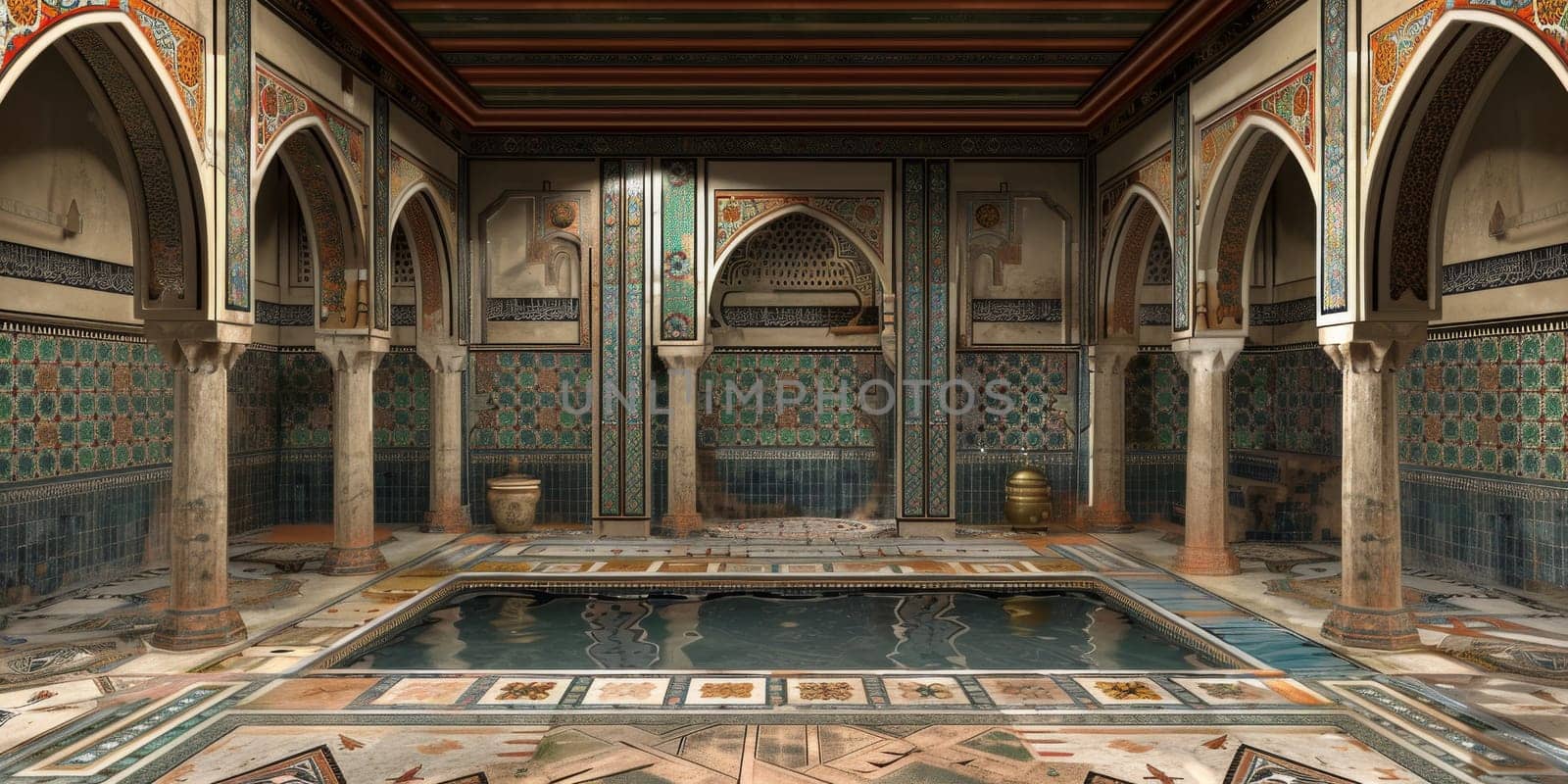 Detailed 3D model of a traditional Islamic bathhouse, featuring elaborate tilework and architectural details.