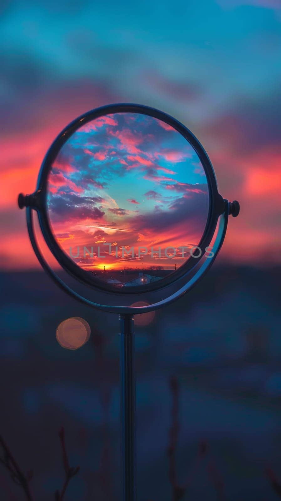 Double exposure of a makeup mirror reflecting a beautiful sunset.