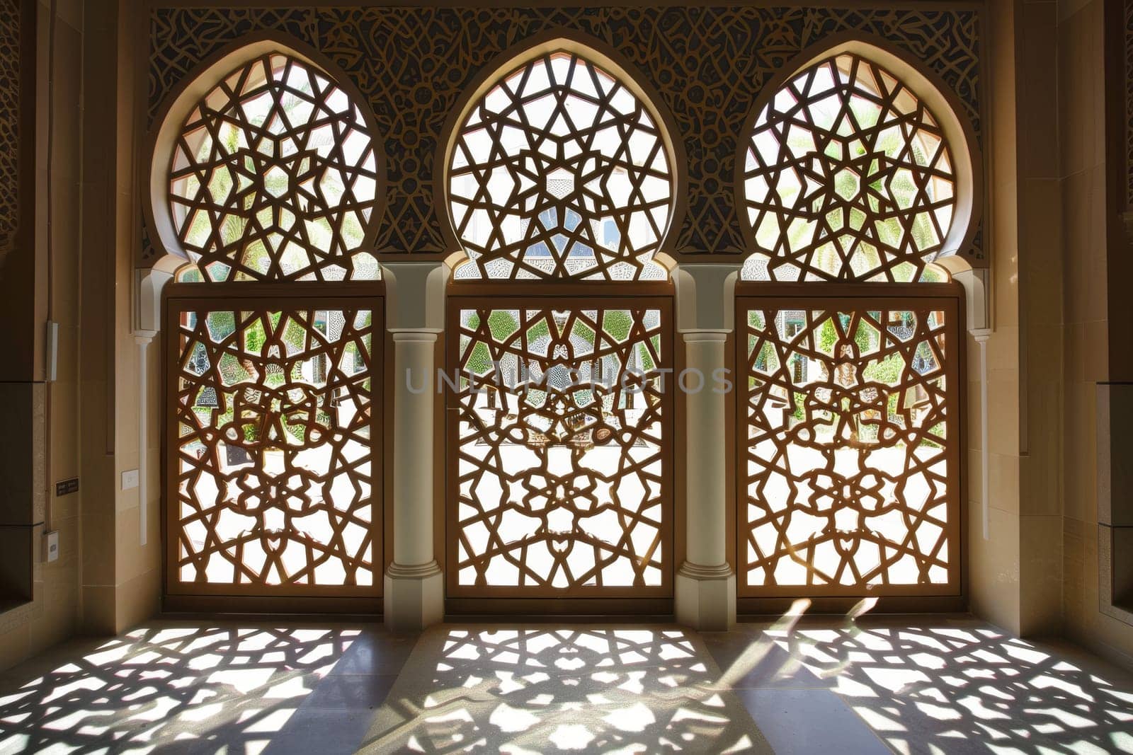 Decorative Islamic screens with geometric patterns, dividing spaces while adding visual interest.