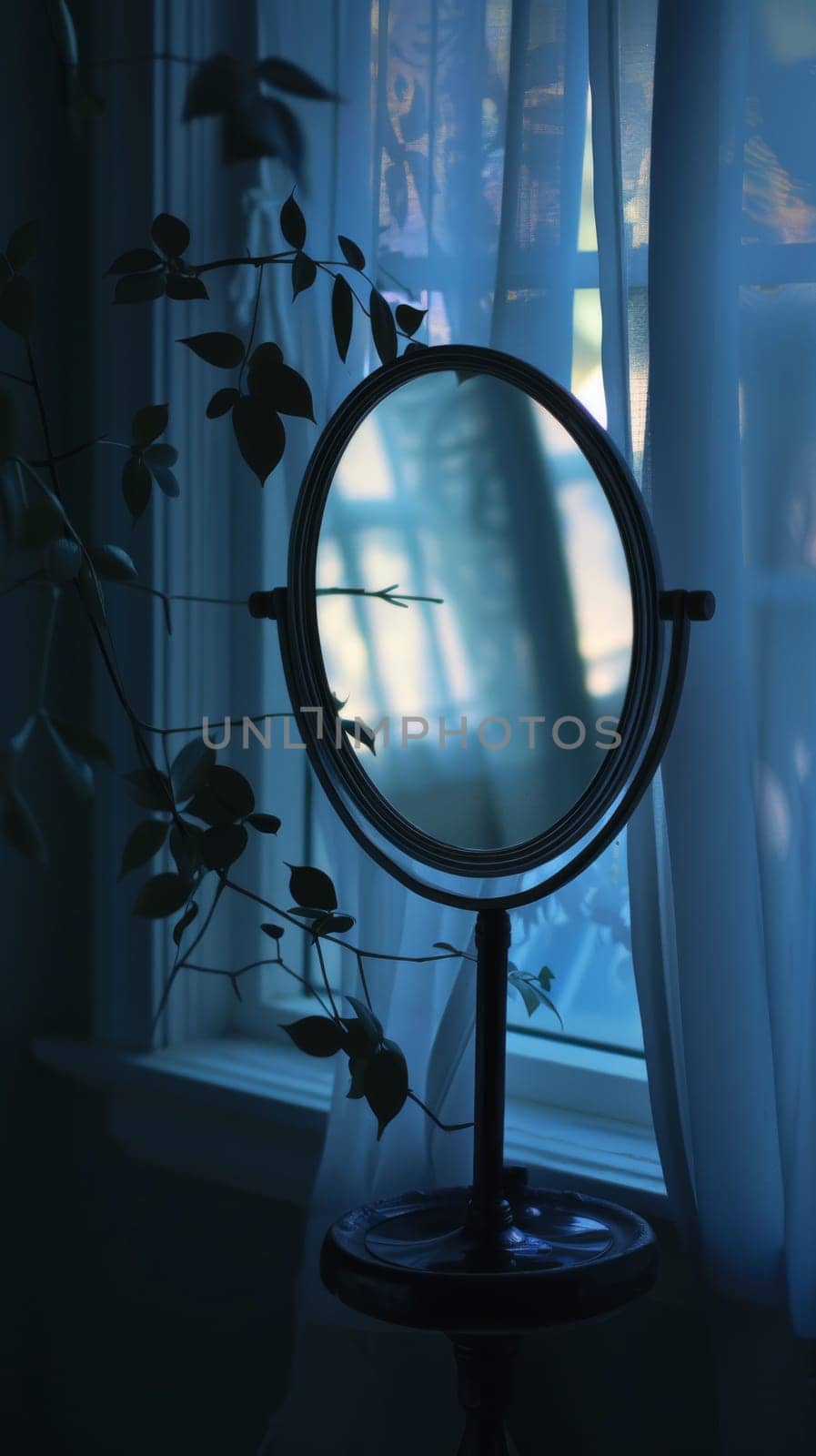 Elegant silhouette of a makeup mirror reflecting soft, flattering light.