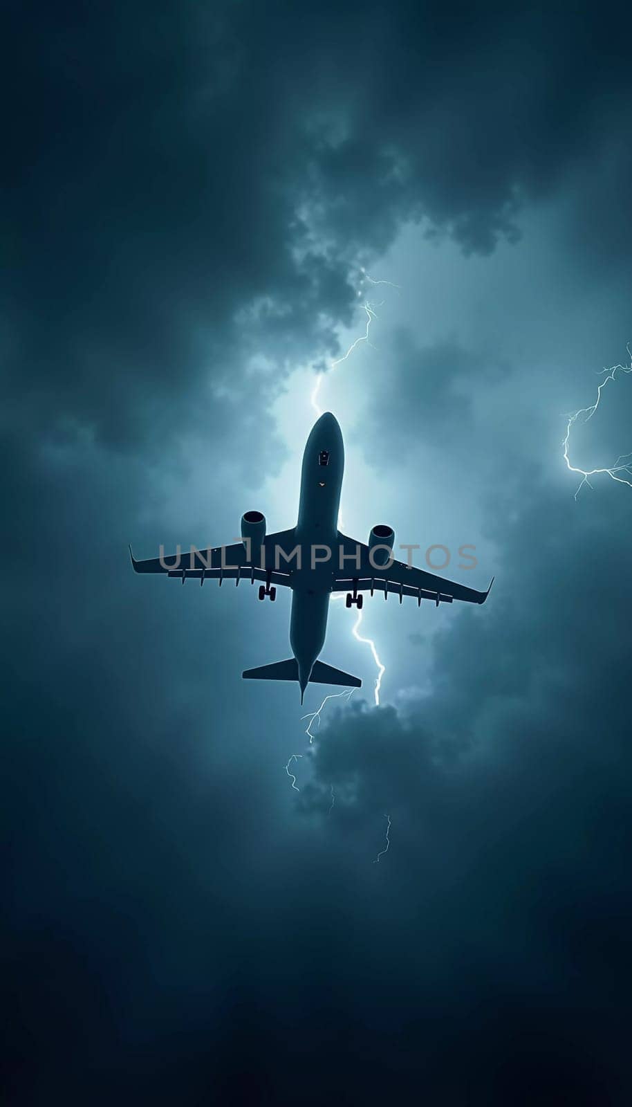 The aircraft encounters a severe thunderstorm, surrounded by dark clouds and illuminated by bright lightning strikes, highlighting the danger in the sky. Causes of air crashes. Generative AI.