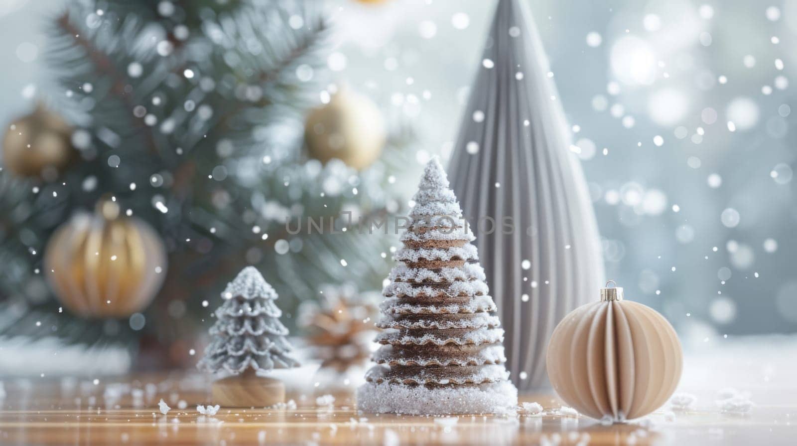 Christmas postcard with ornaments, Christmas tree in snow against blurred background, AI Generated