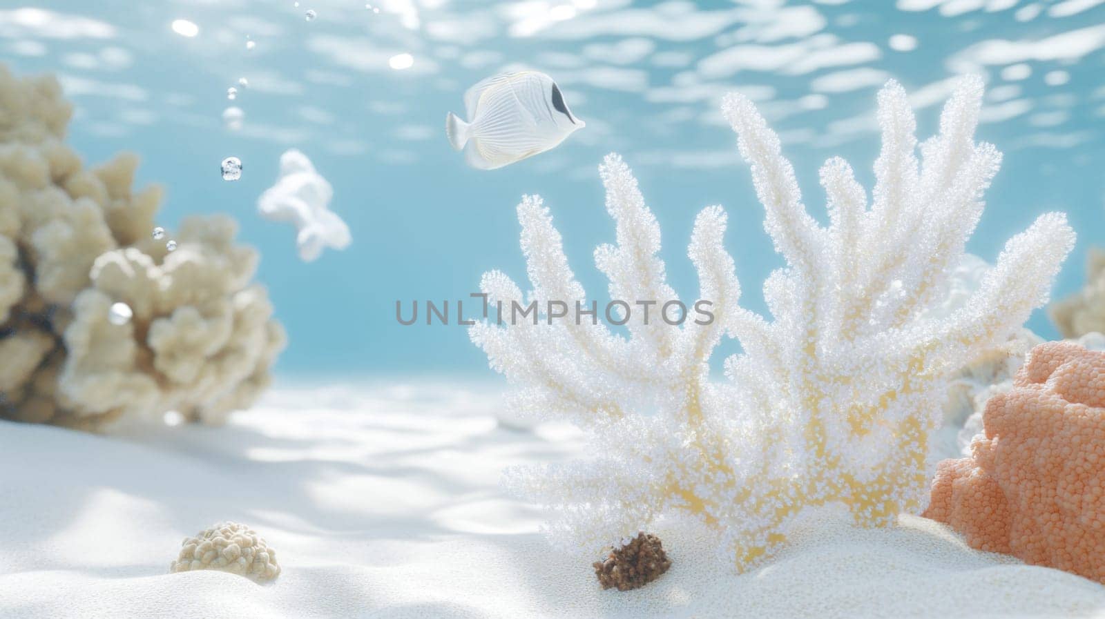 Tropical fishes swimming near white coral reef ocean underwater, serene aquatic background, AI Generated
