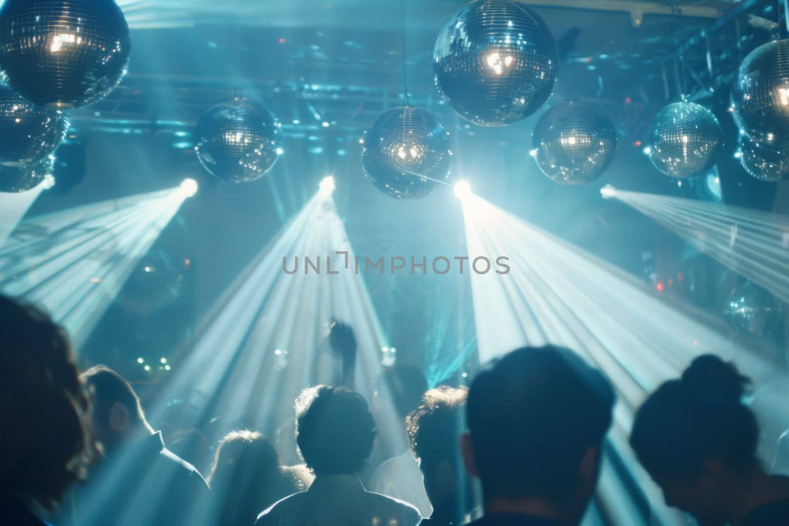 People dancing under disco balls with colorful lights and vibrant nightlife, AI generated