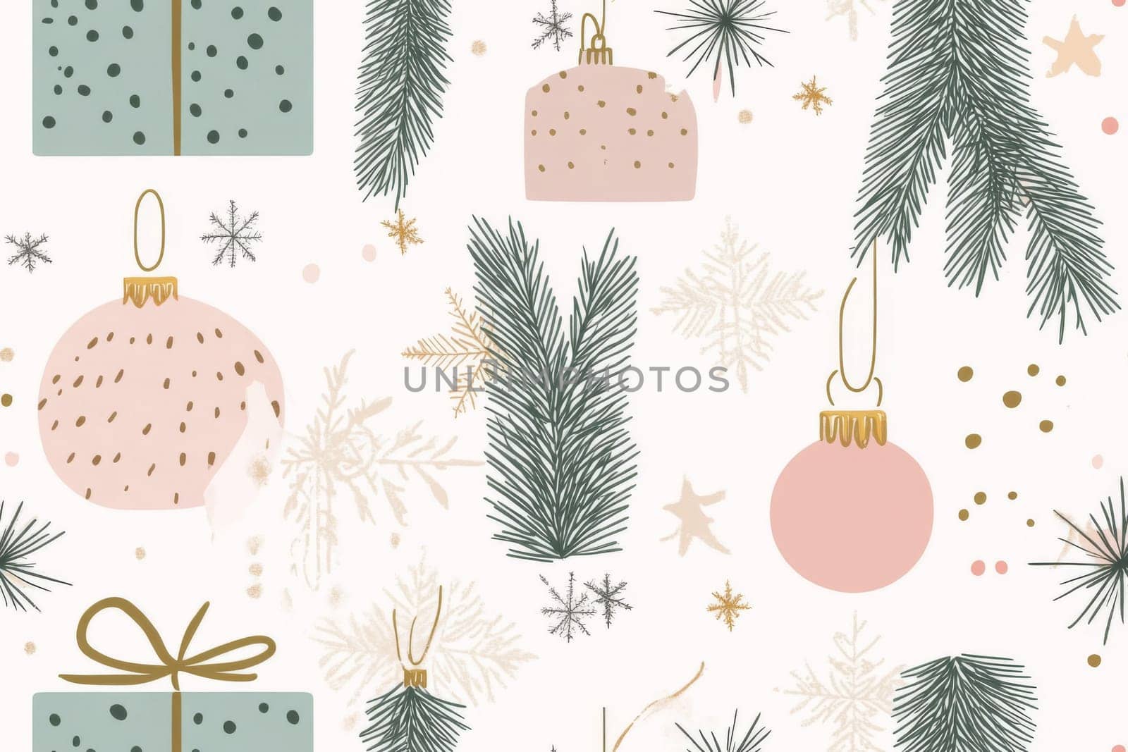 Festive christmas ornaments and gifts with pine branches, seamless pattern, AI Generated